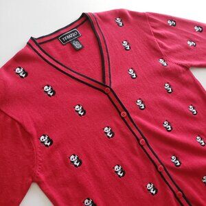 Vintage Terazzo Panda Embroidered Red And Black Cardigan Sweater Size XL
